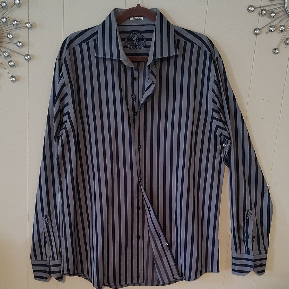 Bugatchi Men's Black and Gray Striped Long Sleeve Cotton Cuffed Shirt XXL